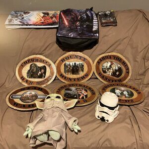Lot Of 11 Star Wars -Wall Hangings, Yoda, Jar W/lid, Splat Ball, Bag, Book Etc.